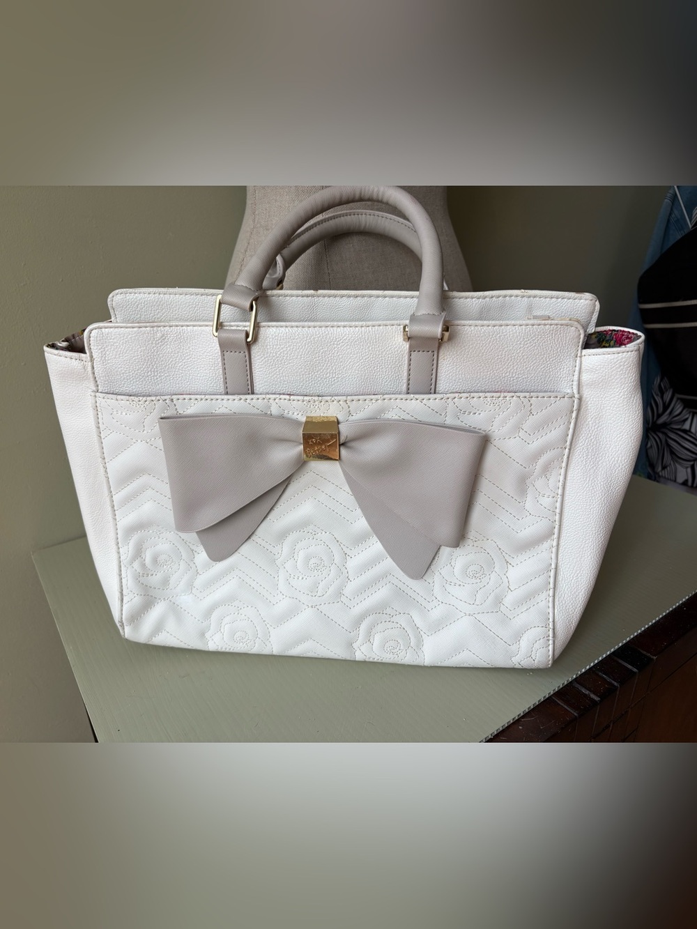 Betsey Johnson White Satchel Taupe Bow Accent hand purse bag